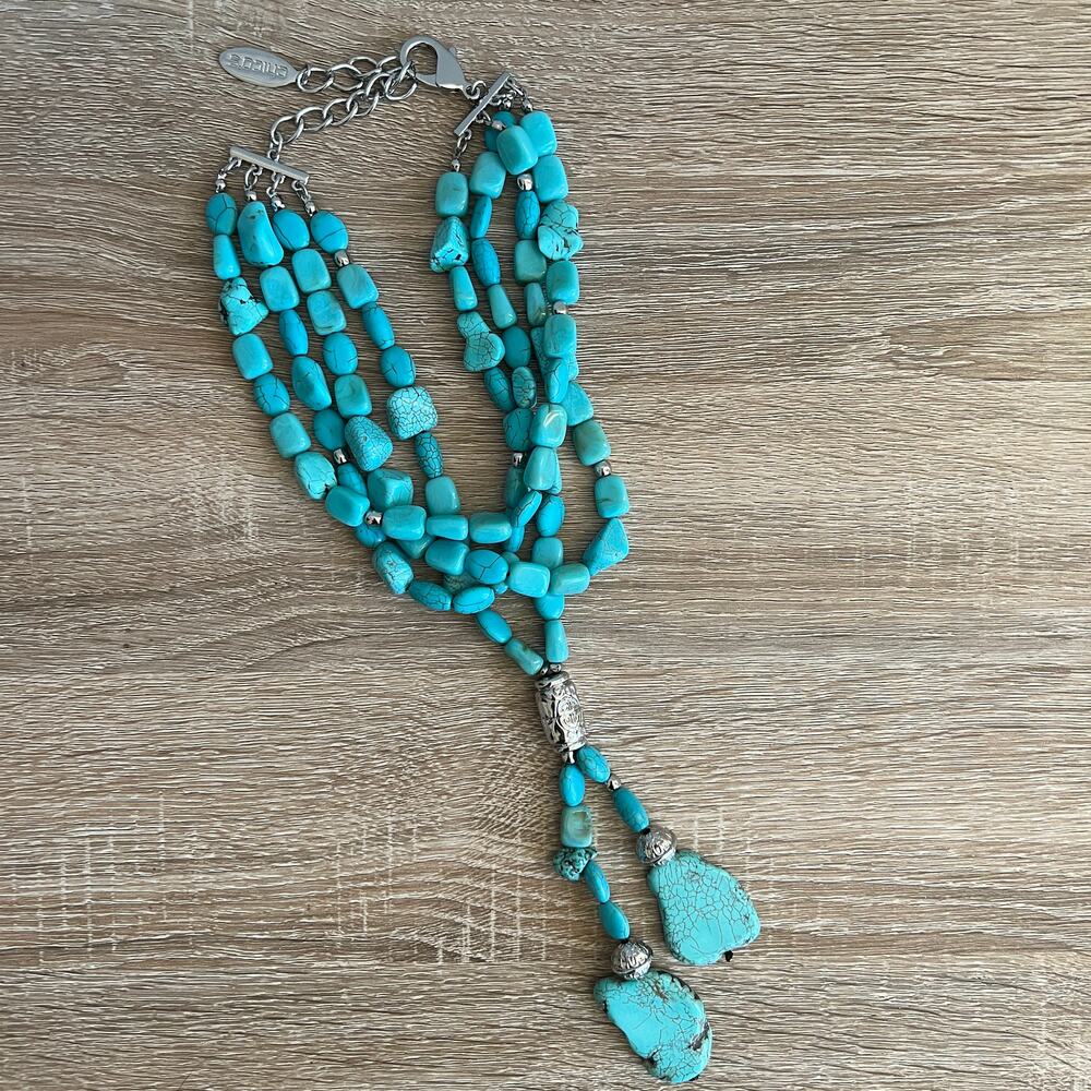 Chico's Faux Turquoise Bead Quad Strand Y Chunky Necklace Silver Tone